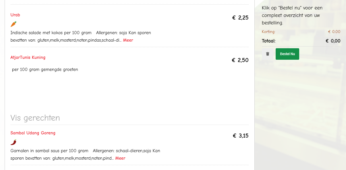 Screenshot of an online menu showing dishes with prices and small icons for spicy, vegetarian and allergen information next to each description.