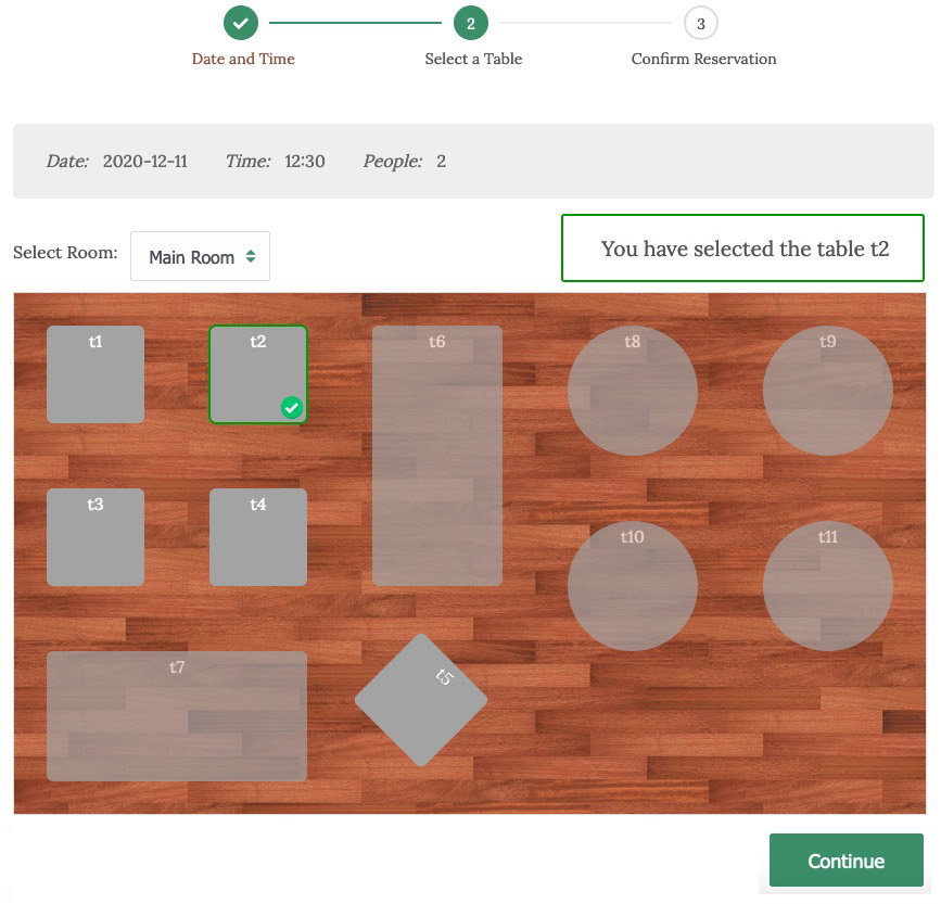 Screenshot of an online reservation page with a floor plan where table T2 has been selected by the guest.